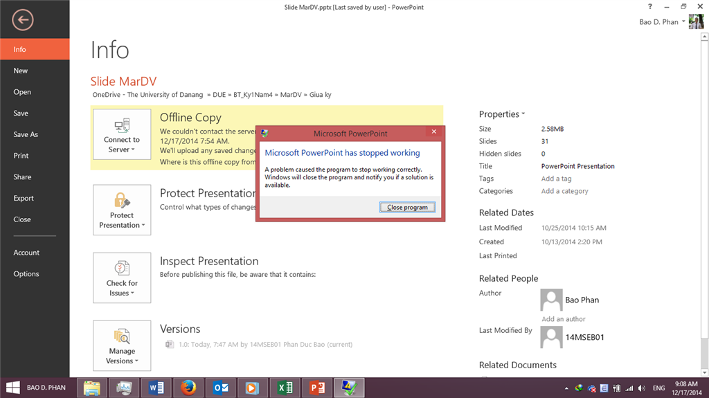 PowerPoint 2013 crash when I press 