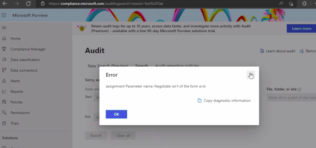 Microsoft 365 Compliance Audit option error - Microsoft Q&A
