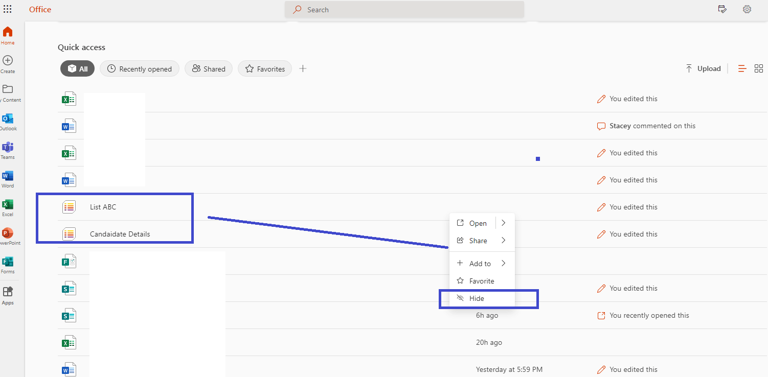 Hide Sharepoint List Activity from Quick Access view - Microsoft Q&A