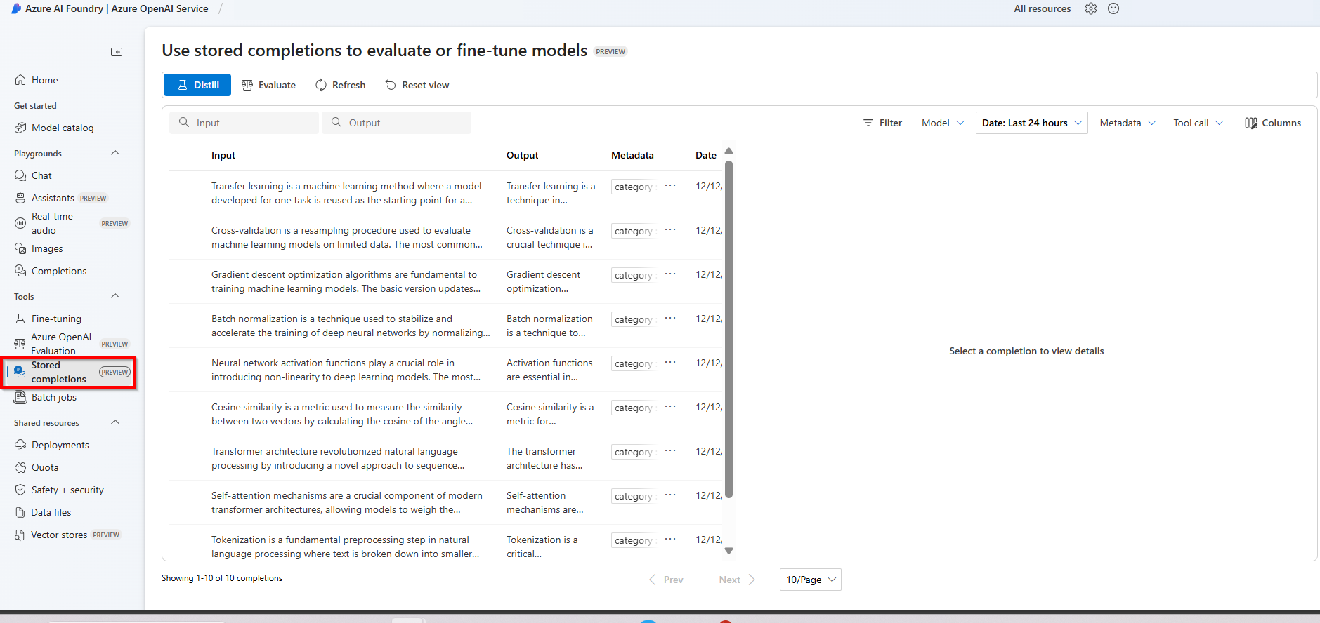 Screenshot of the stored completions User Experience.
