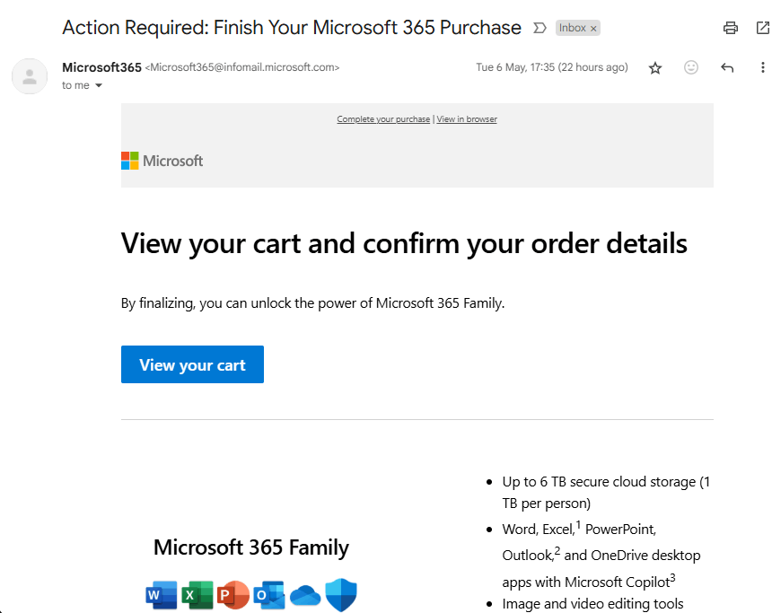 Email from MS inviting me to complete O365 purchase - Microsoft Q&A
