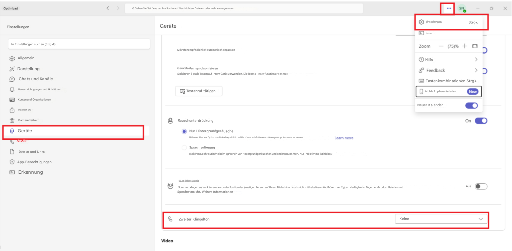 Q Geben Sie "ist:" ein, um Ihre Suche auf Nachrichten, Dateien oder mehr einzugrenzen.EinstellungenGeräteEinstellungenStrg+,ÜbertragenIn Einstellungen suchen (Strg+F)Mikrofonempfindlichkeit automatisch anpassenZoom(75)%+DHilfe>AllgemeinDarstellungGerätetasten synchronisierenChats und KanäleSo können Sie alle Tasten auf Ihrem Gerät verwenden. Die Teams-Taste funktioniert immer.Feedback> DBenachrichtigungen und AktivitätenTestanruf tätigenTastenkombinationen Strg+.Mobile App herunterladenKonten und OrganisationenDatenschutzBarrierefreiheit8RauschunterdrückungNeuer KalenderGeräteAnrufeNur HintergrundgeräuscheAktivieren Sie diese Option, um die Audioqualität Ihres Mikrofons durch Entfernen von Hintergrundgeräuschen zu verbessern.Dateien und LinksSprachisolierungIsolieren Sie Ihre Stimme beim Sprechen von Hintergrundgeräuschen und anderen Stimmen. Nur Ihre Stimme ist hörbar.App-BerechtigungenErkennung<Räumliches AudioStimmen klingen so, als kämen sie von der Position der jeweiligen Person auf Ihrem Bildschirm. Noch nicht mit kabellosen Kopfhörern verfügbar. Verfügbar im Together-Modus. Galerie- und Sprecheransicht. Weitere InformationenZweiter KlingeltonKeineAusVideoSNOX