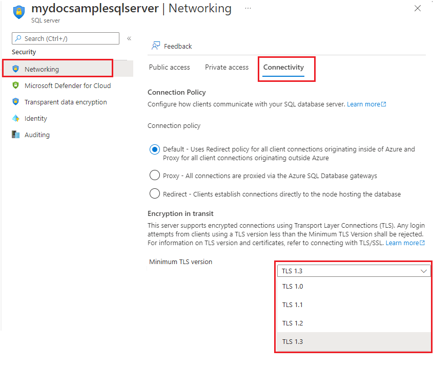 Screenshot of the Connectivity tab of the Networking settings for your logical server, minimal TLS version drop-down selected.