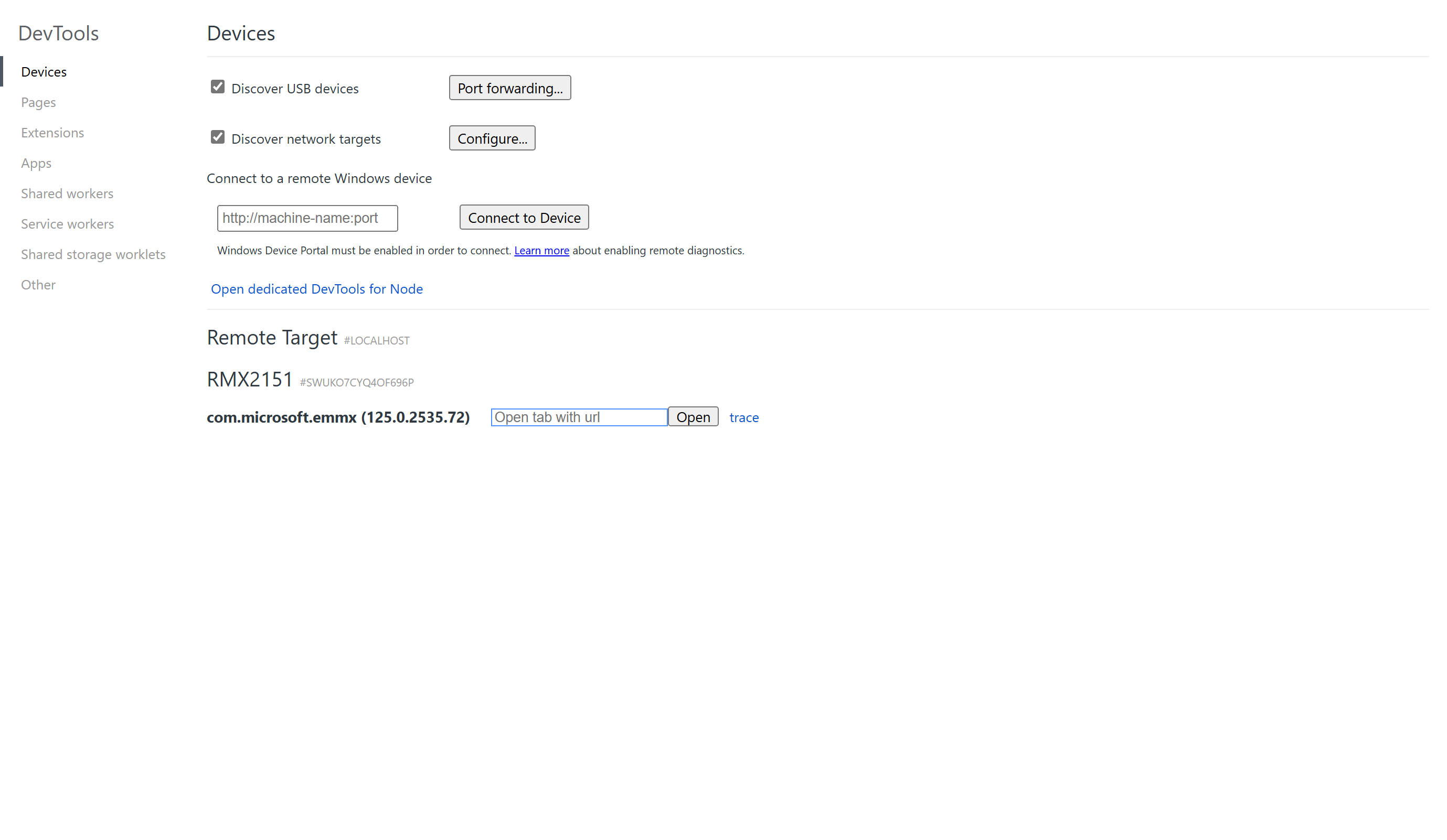 Screenshot of the chrome remote debugging page