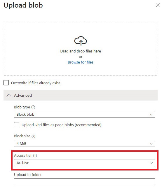 qna blob upload archive tier