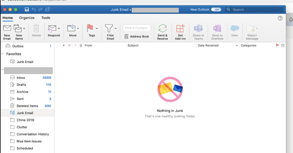 My Junk Mail Folder in Outlook has a circle with a slash through it and ...