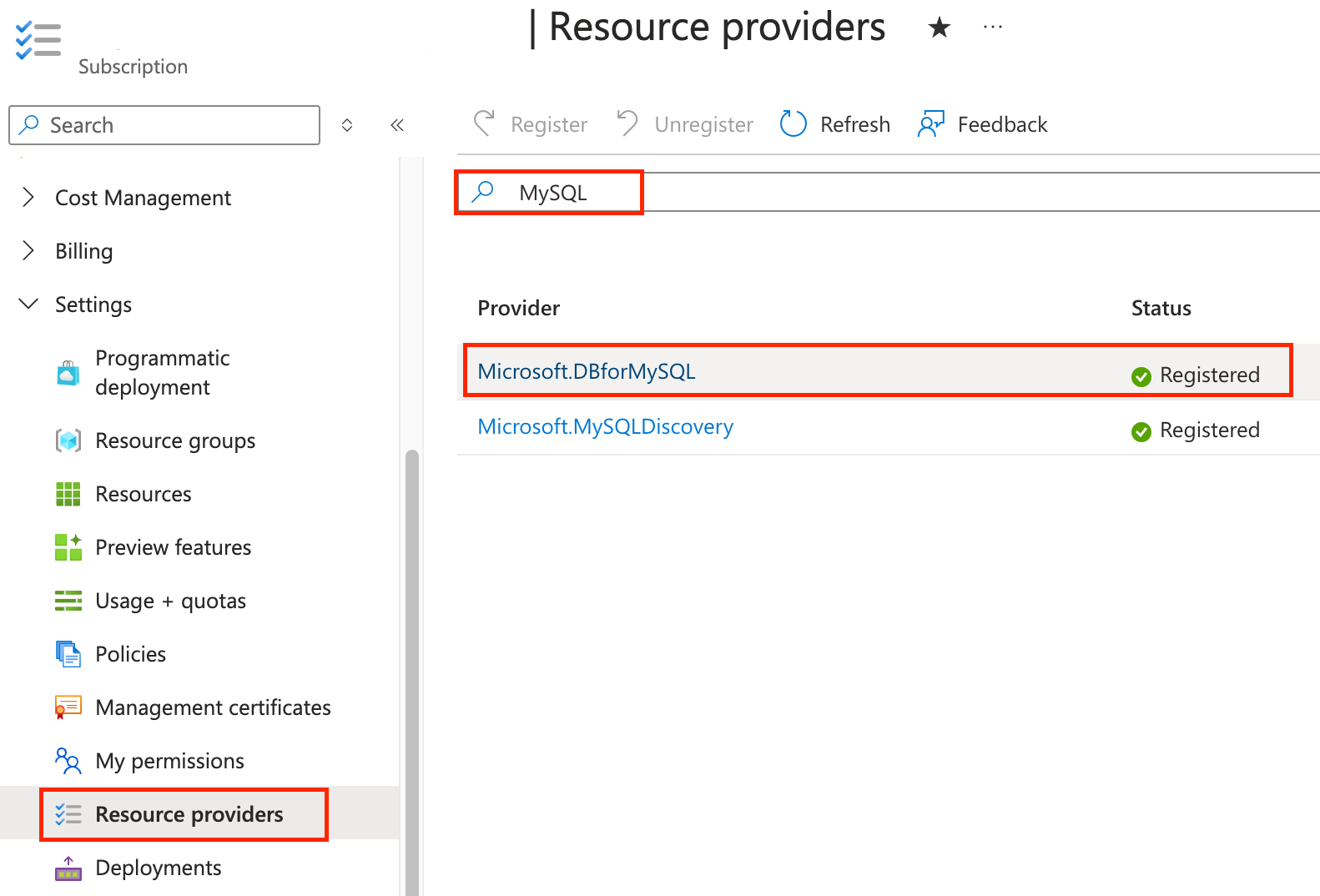Screenshot of register mysql resource provider screen.