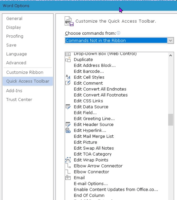 Customising the Ribbon dialog in Word UI - All Commands - Looking for ...