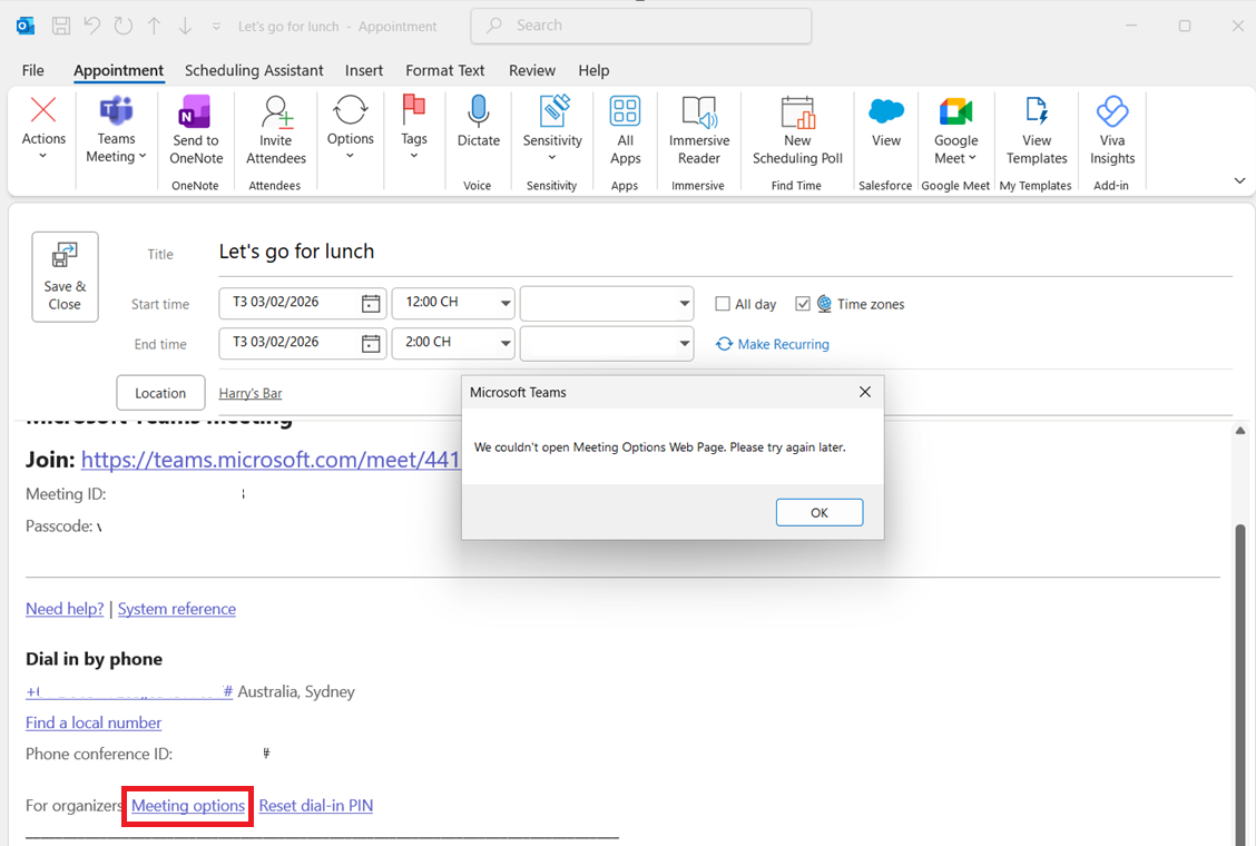 Outlook Classic ribbon “Meeting Options” fails for Teams meetings ...