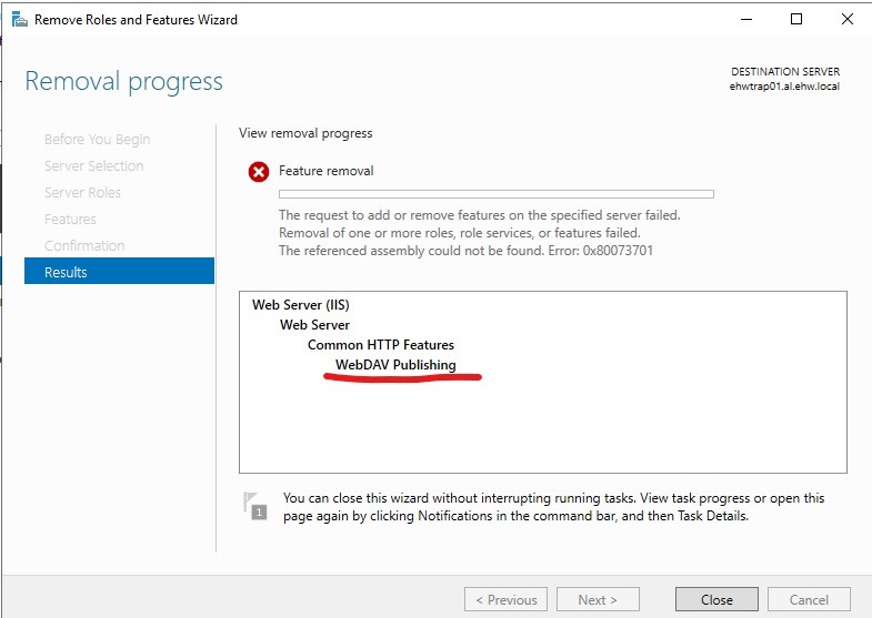 Cannot uninstall WebDAV Publishing from Windows Server 2019 - Microsoft Q&A