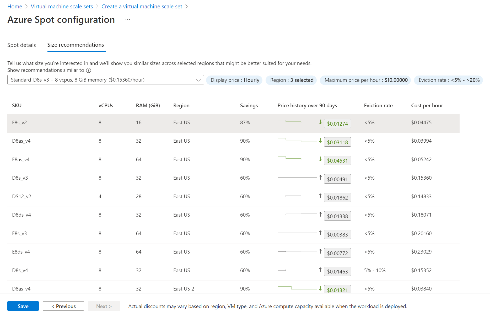 Screenshot of the Size recommendations tab with a list of alternative VM sizes.