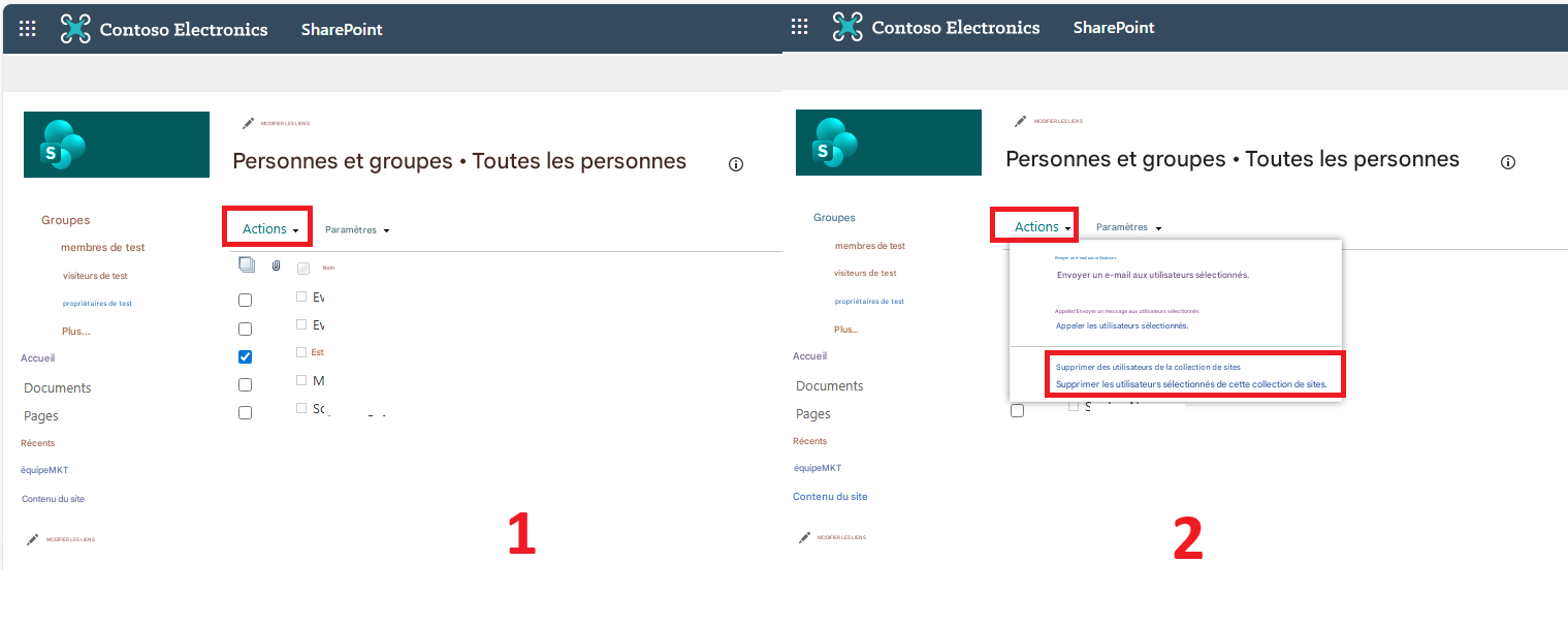 :::Contoso ElectronicsSharePointContoso ElectronicsSharePointMODIFIER LES LIENSSPersonnes et groupes • Toutes les personnesGroupesActions ▾membres de testNomvisiteurs de testpropriétaires de testPlus...EvEvAccueilDocumentsPagesRécentséquipeMKTContenu du siteMODIFIER LES LIENSEstMScParamètresGroupesmembres de testvisiteurs de testpropriétaires de testPlus...AccueilDocumentsPagesRécentséquipeMKTContenu du site1MODIFIER LES LIENSMODIFIER LES LIENSSPersonnes et groupes • Toutes les personnesActionsParamètresEnvoyer un e-mail aux utilisateursEnvoyer un e-mail aux utilisateurs sélectionnés.Appeler/Envoyer un message aux utilisateurs sélectionnésAppeler les utilisateurs sélectionnés.Supprimer des utilisateurs de la collection de sitesSupprimer les utilisateurs sélectionnés de cette collection de sites.S2