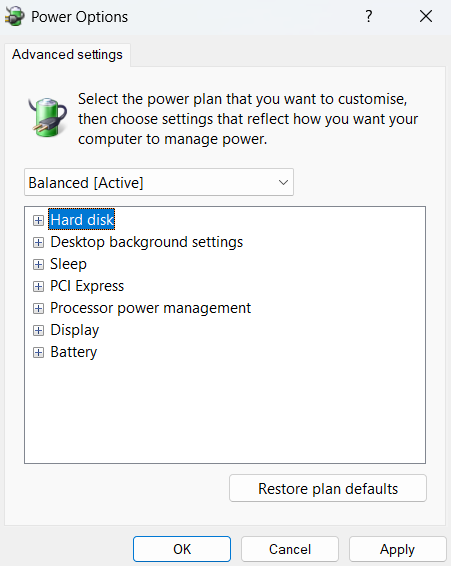 Screenshot of power management settings options