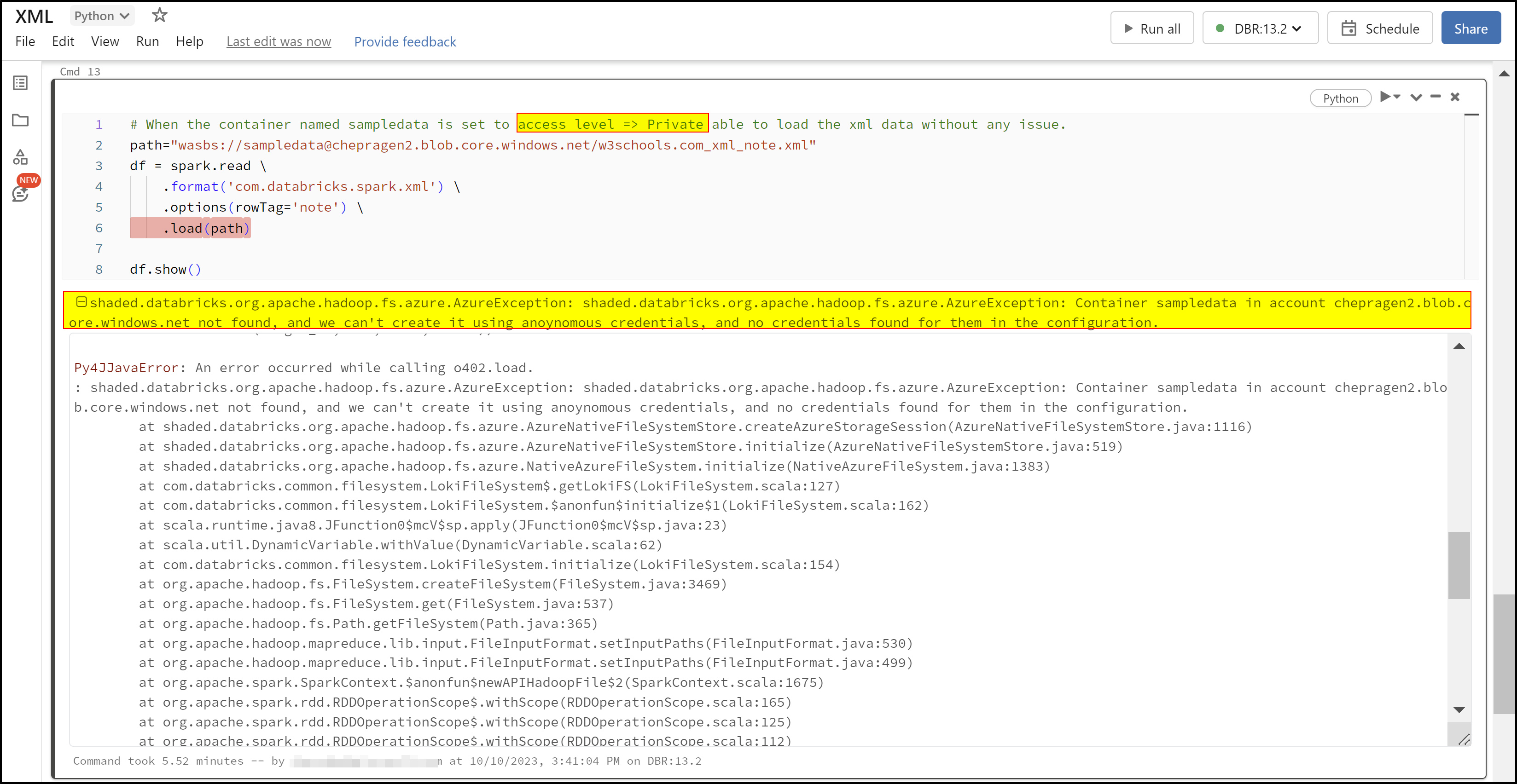 Unable to access containername in account storageaccountname.blob