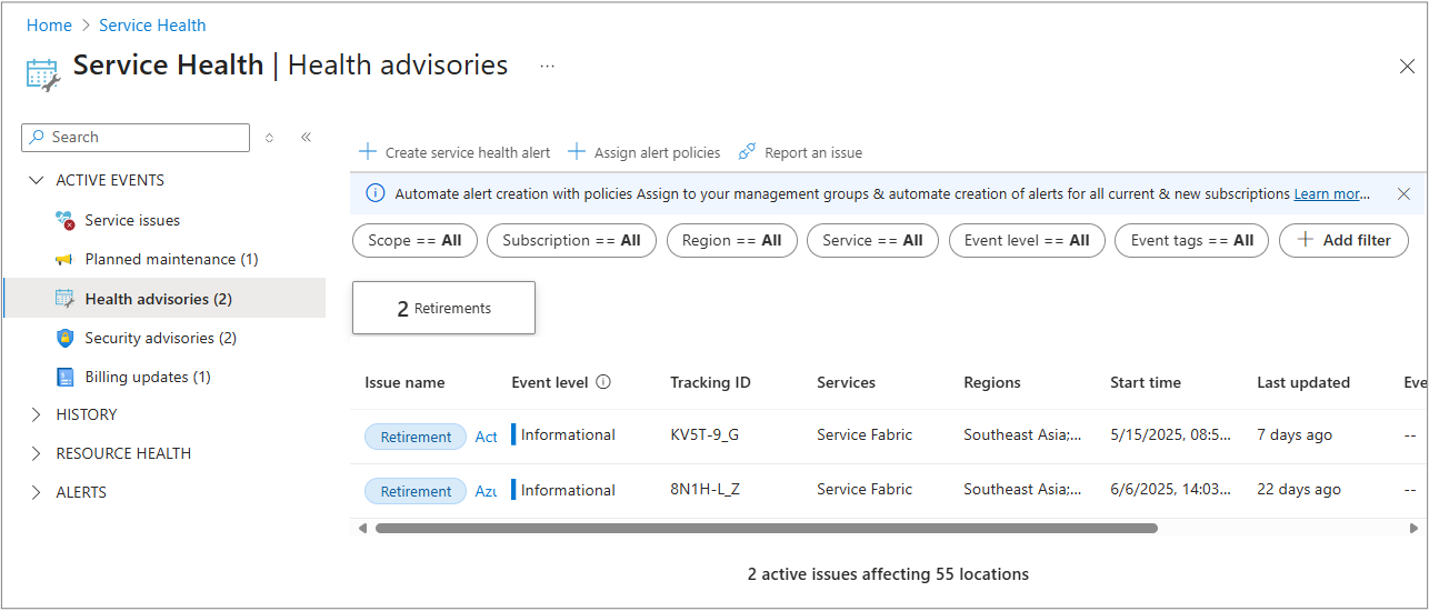 Screenshot of Health advisories panel.