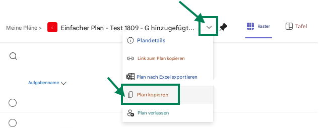Meine Pläne >Einfacher Plan - Test 1809 - G hinzugefügt...RasterTafelPlandetailsLink zum Plan kopierenPlan nach Excel exportierenAufgabennamePlan kopierenPlan verlassen