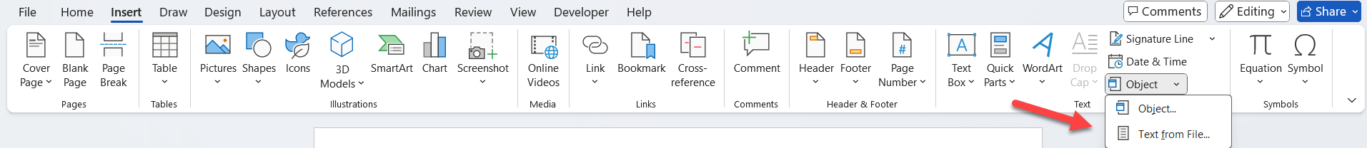 How to insert another document in a Word document with latest Word ...