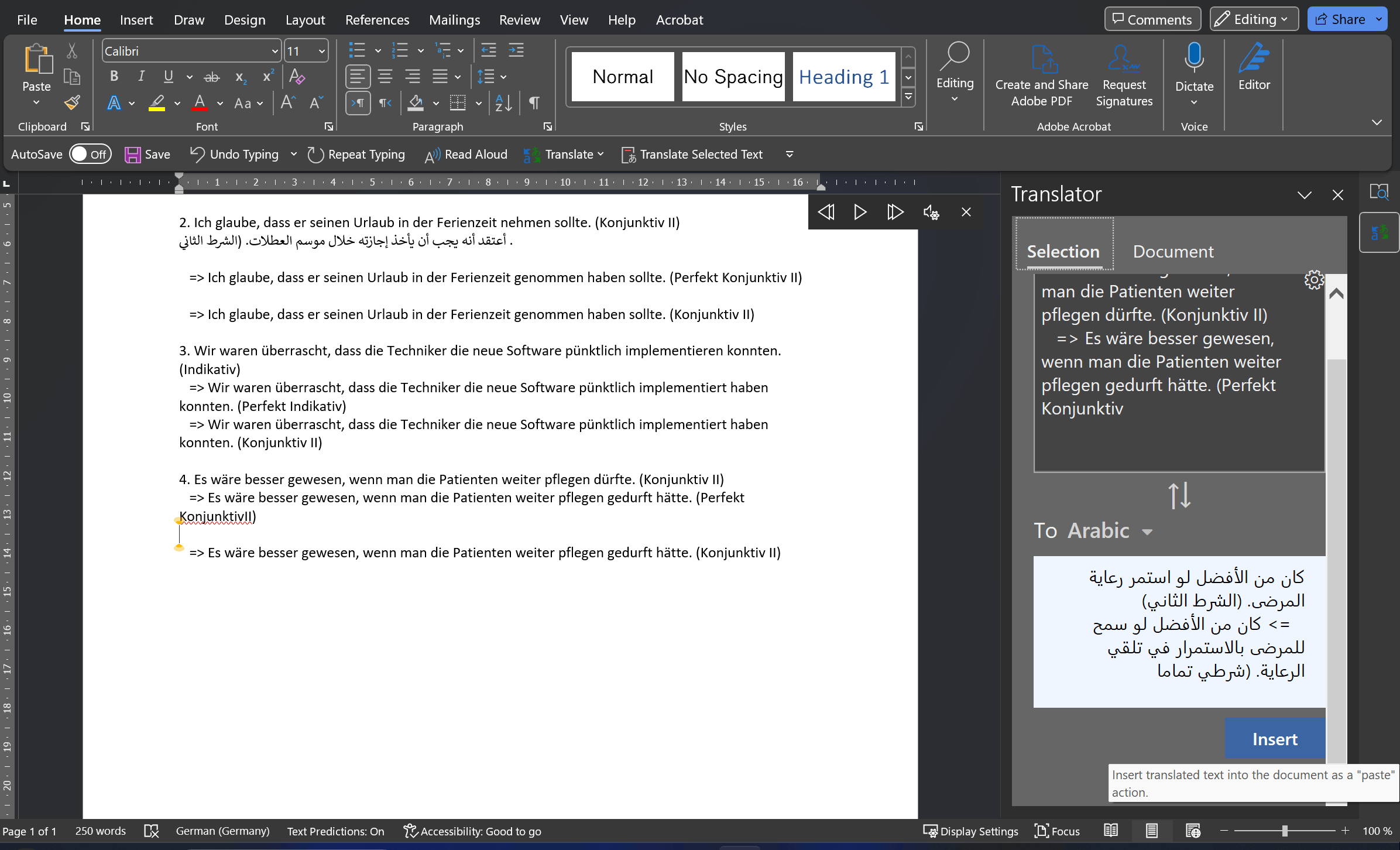 Insert translated text into the Document as a past action in word 356 ...