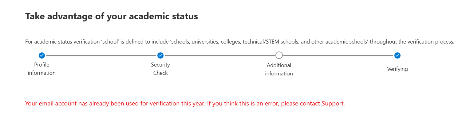 Azure for Students verification error - email already used - Microsoft Q&A