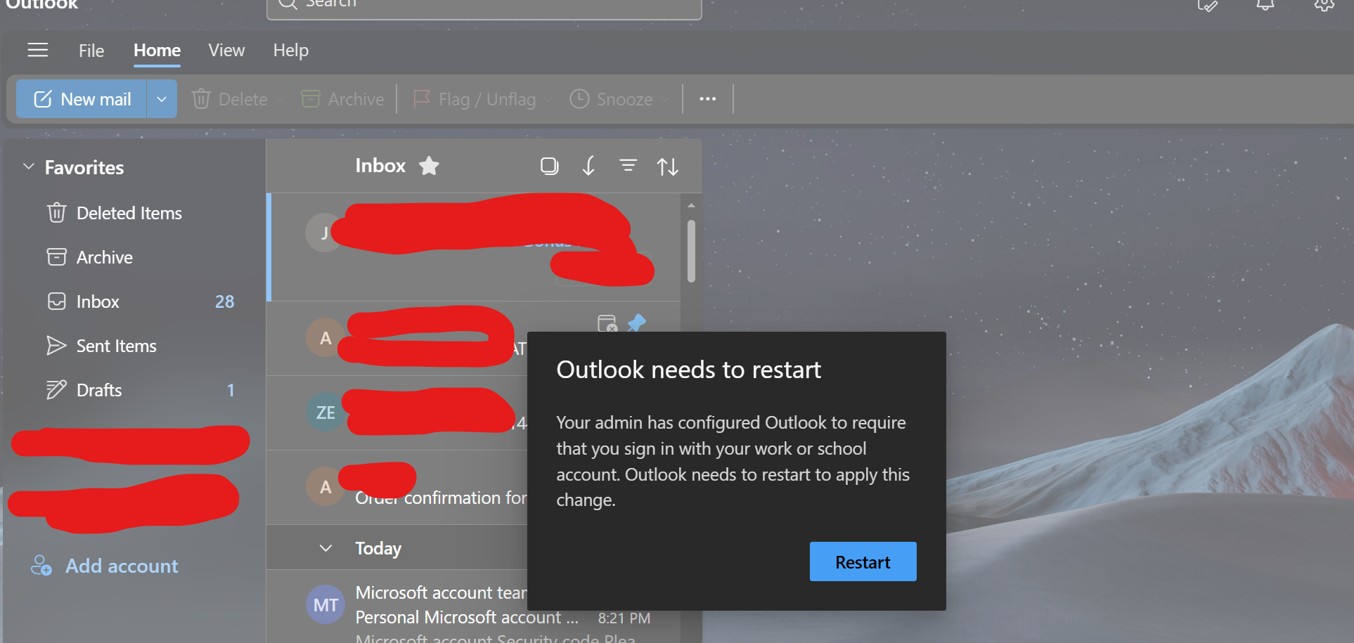 Outlook not letting me login in on my personal computer. 