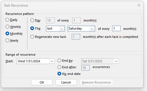 MS 365 Outlook Tasks | Recurring Tasks Created Not Behaving Normally ...