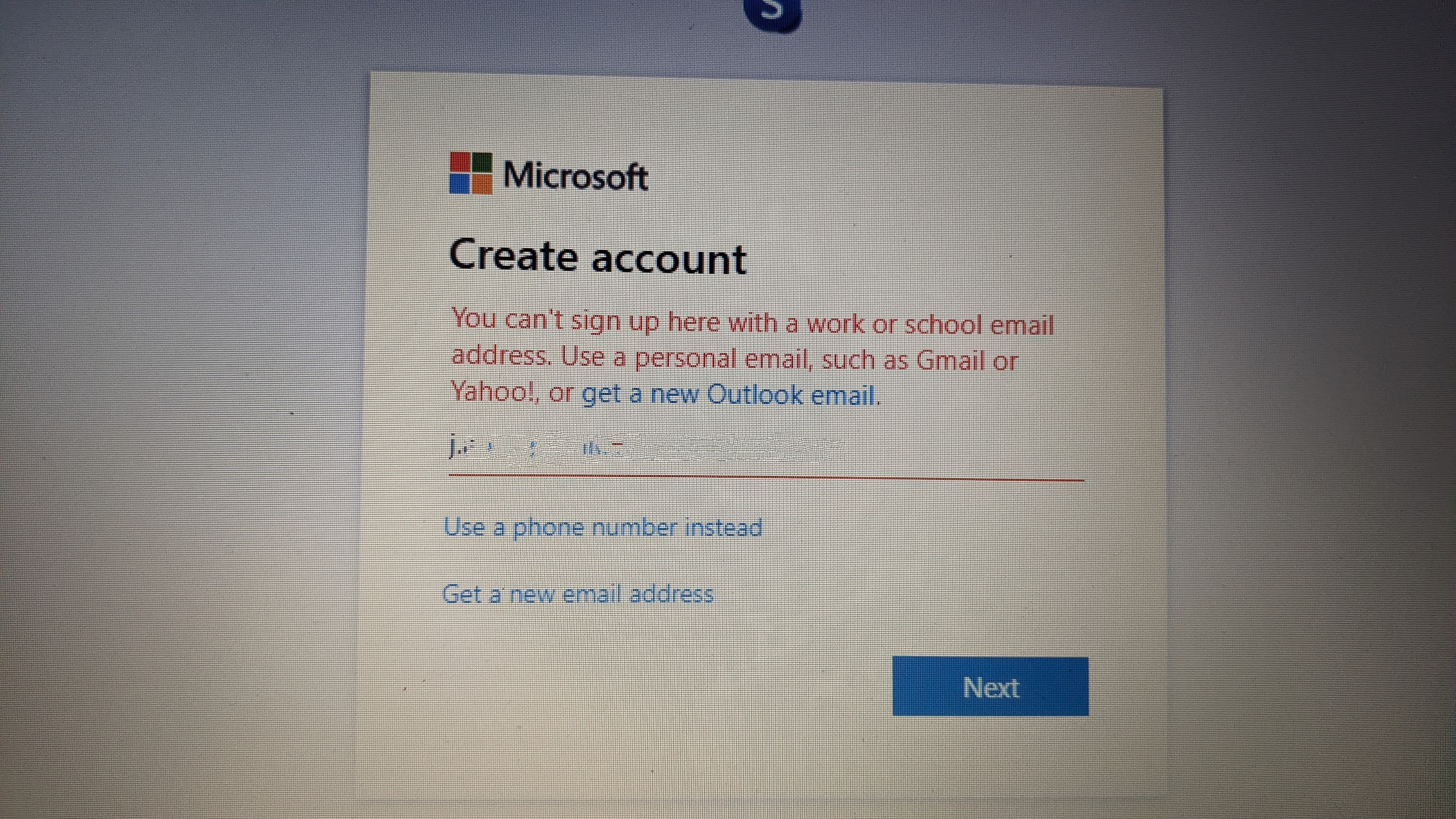 You can't sign up here with a work or school email address. - Microsoft Q&A