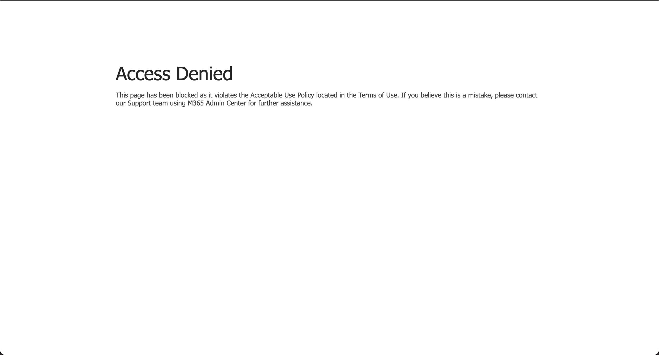 Screenshot of a Microsoft 365 "Access Denied" page for the URL ending in FraudThrottle.htm#1033. The message explicitly states: "This page has been blocked as it violates the Acceptable Use Policy located in the Terms of Use." This is the persistent backend block affecting my healthy, renewed Developer E5 tenant.