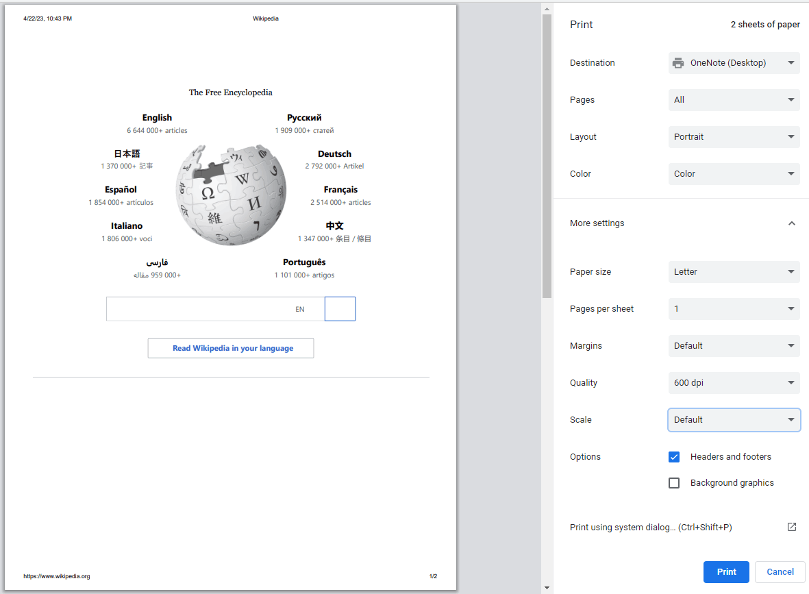 Print to OneNote Desktop crops headers and footers - Microsoft Q&A