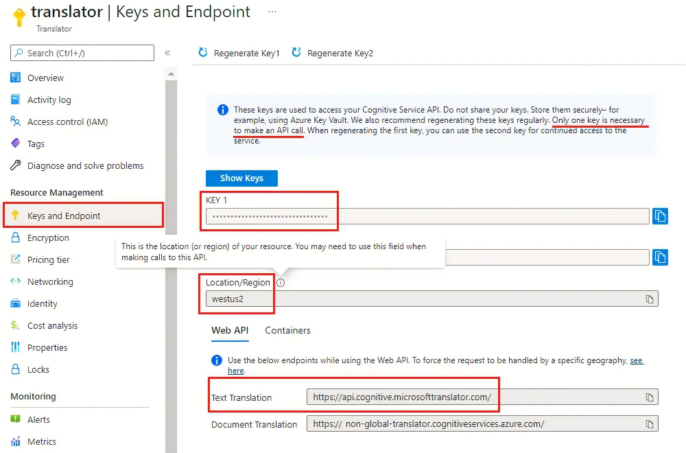 Screenshot: Azure portal keys and endpoint page.