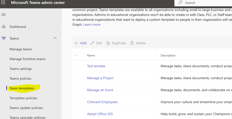 Don't see Templates in Team admin center - Microsoft Q&A