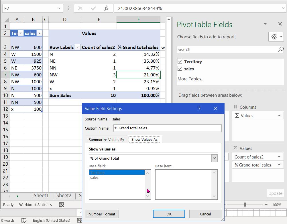 How to show both % and N of values for each columns in an Excel Pivot ...
