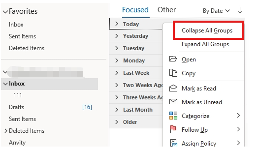 I'm in outlook mail windows11 OS 26100.2605 and attempting to collapse ...