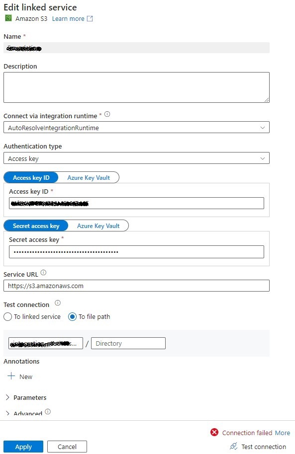 Getting error 9006 when creating a Data Factory linked Service from ...