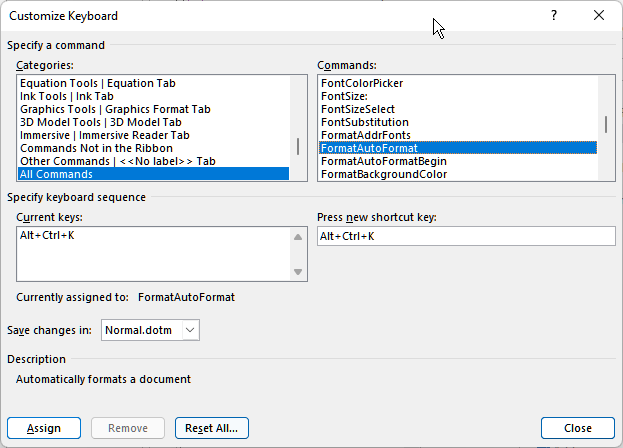 Changing the Shortcut of the AutoFormat Command - Microsoft Q&A