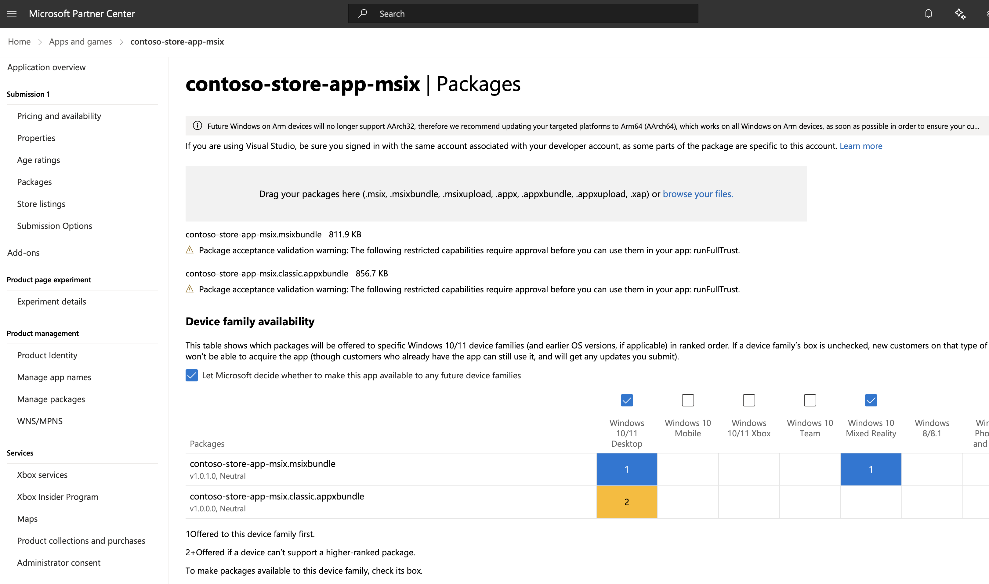 A screenshot showing the overview of packages already uploaded page for MSIX/PWA app.