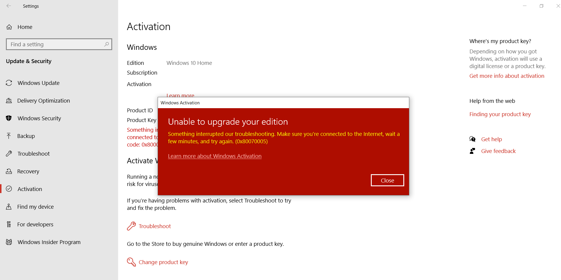 Window 10 home single language edition activation problem