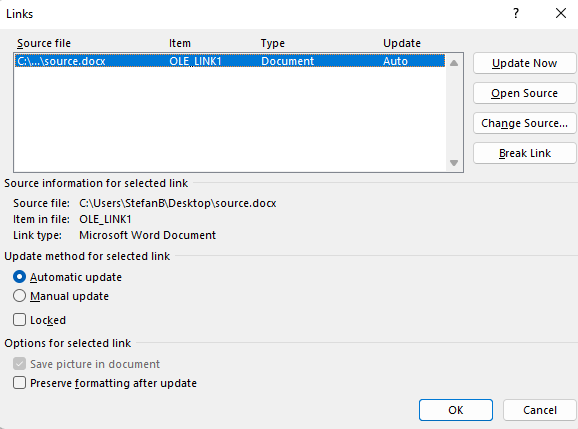 Microsoft word automatic rich text link update - Microsoft Q&A