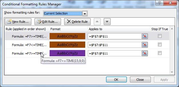 Conditional formatting inside and outside of time range - Microsoft Q&A