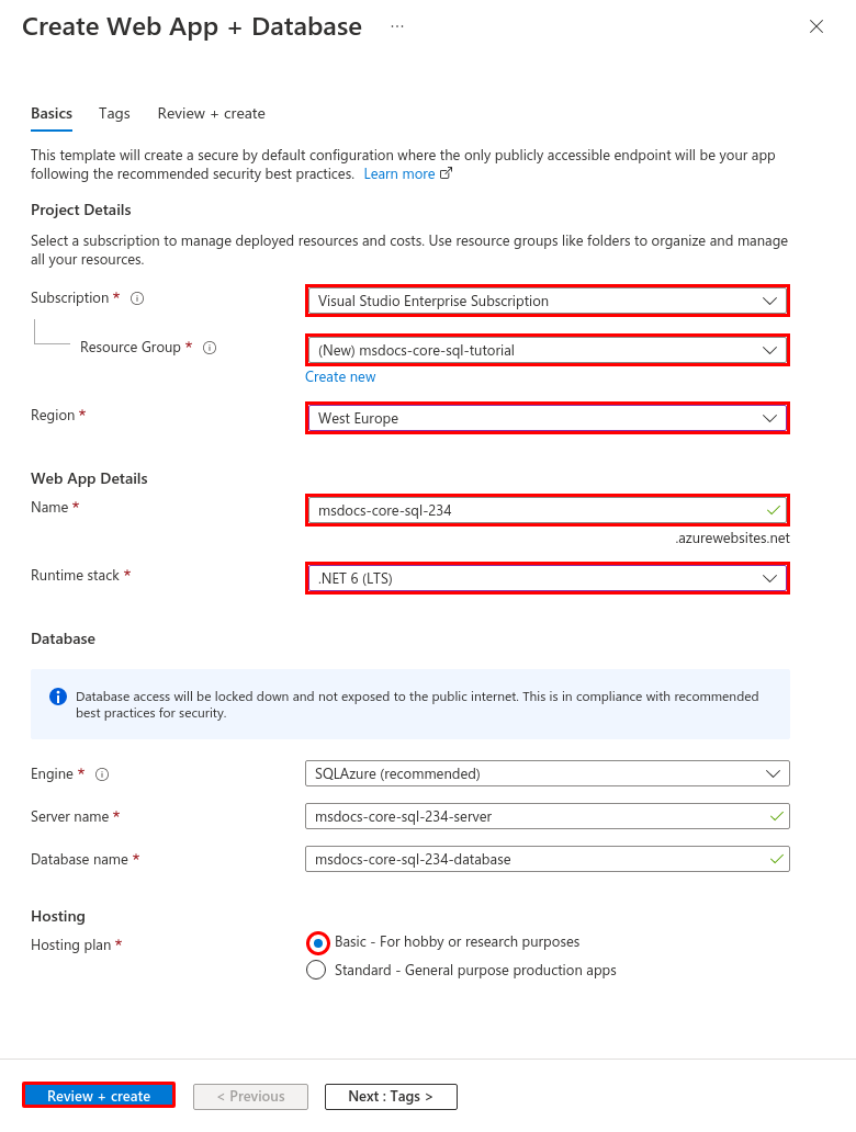 A screenshot showing how to configure a new app and database in the Web App + Database wizard.