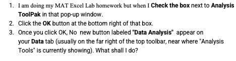 UNABLE TO SEE DATA ANALYSIS TAB APPEARS IN EXCEL RIBBON - Microsoft Q&A