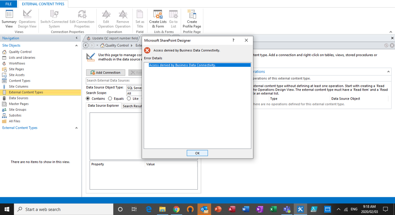 Problem connecting to external database to create external content type ...