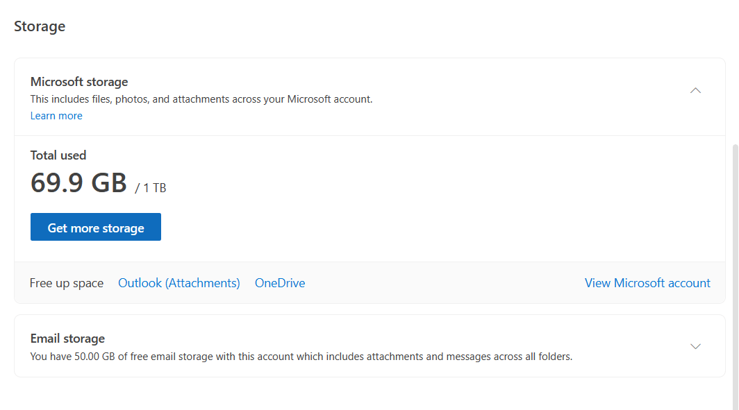 my microsoft storage is over 5 gb but my email storage is much less ...
