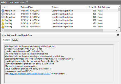 Cloud Kerberos trust prerequisite check in the user device registration log