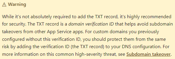 app service txt record warning