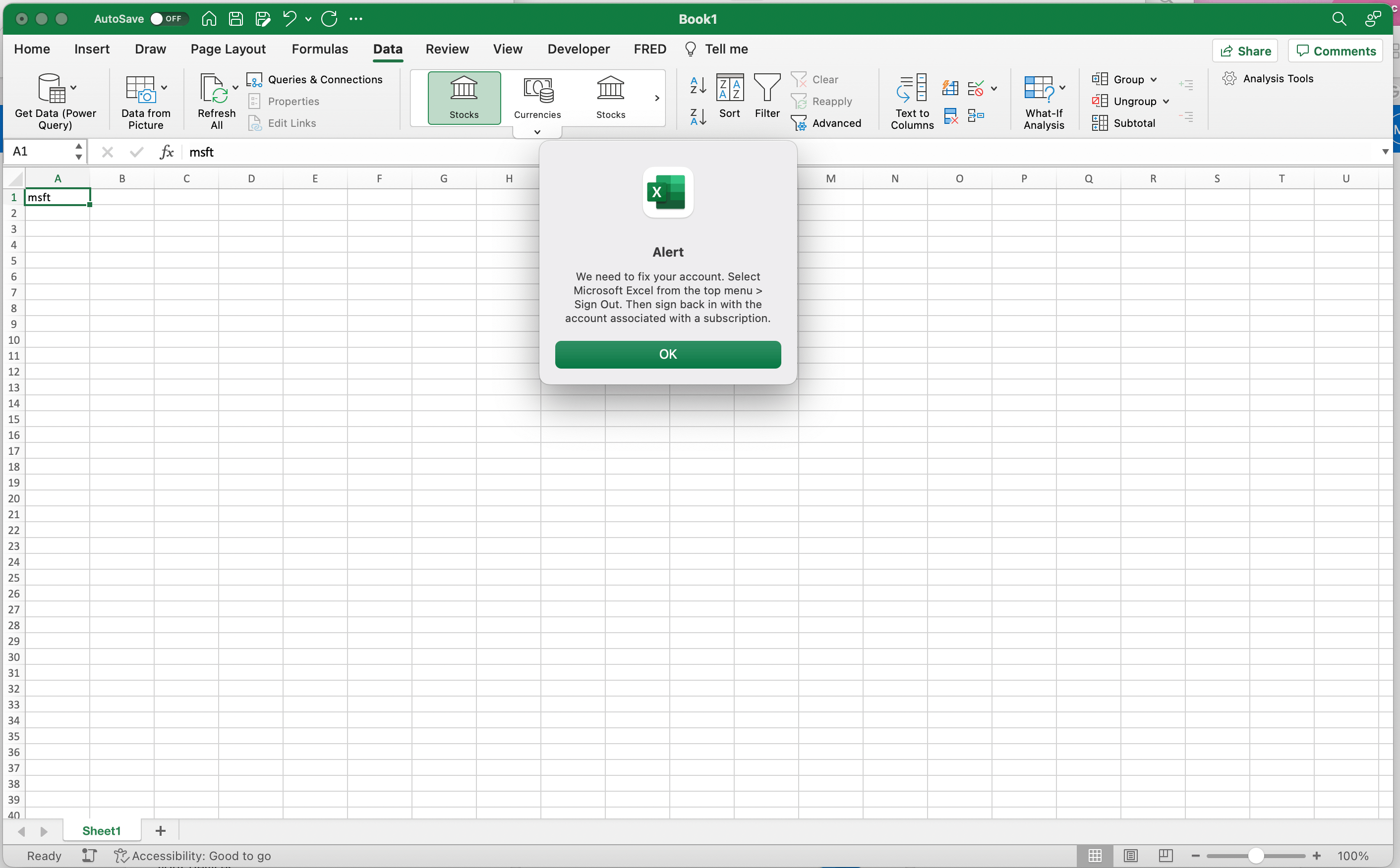 Excel 365 suddenly unable to get Stocks and other data sources ...