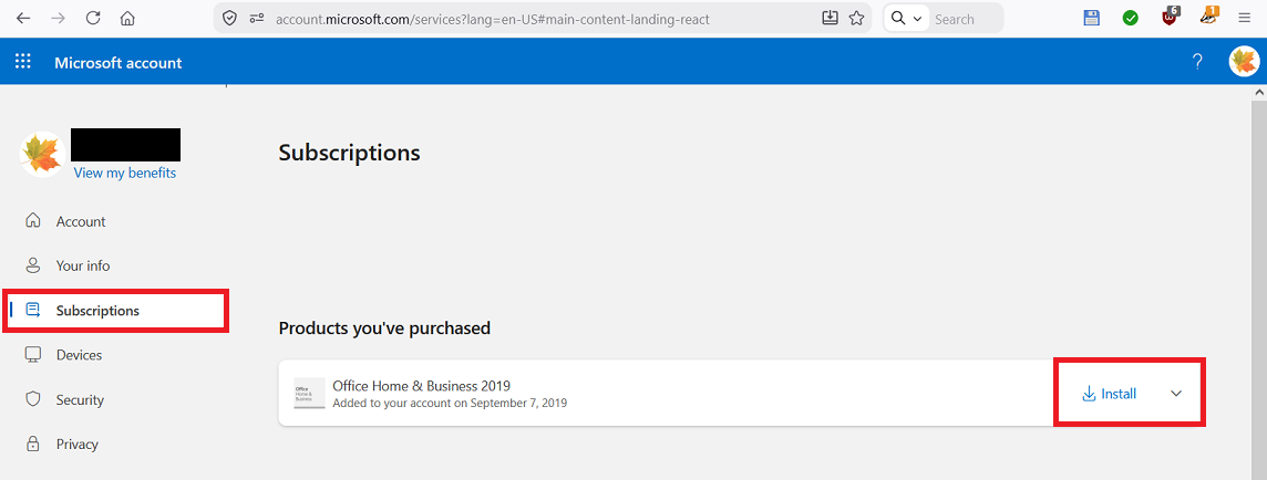 Microsoft Account Subscriptions Tab MS Office 2019 Install Link 28 Aug 2026