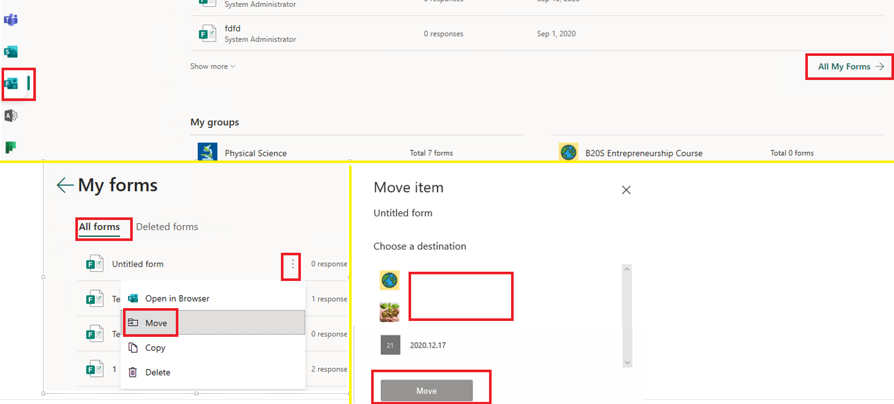 MS Forms - unable to move existing form to a alternative group ...