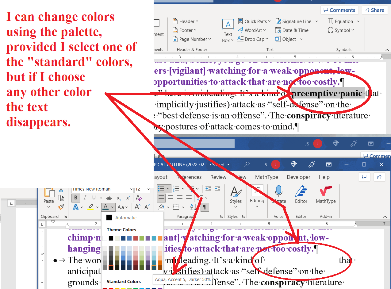 Text disappears after font color change - Microsoft Q&A