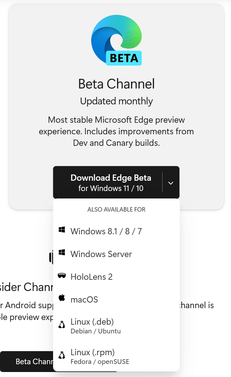 Edge Development Channels have a download button for Windows 7/8/8.1 ...