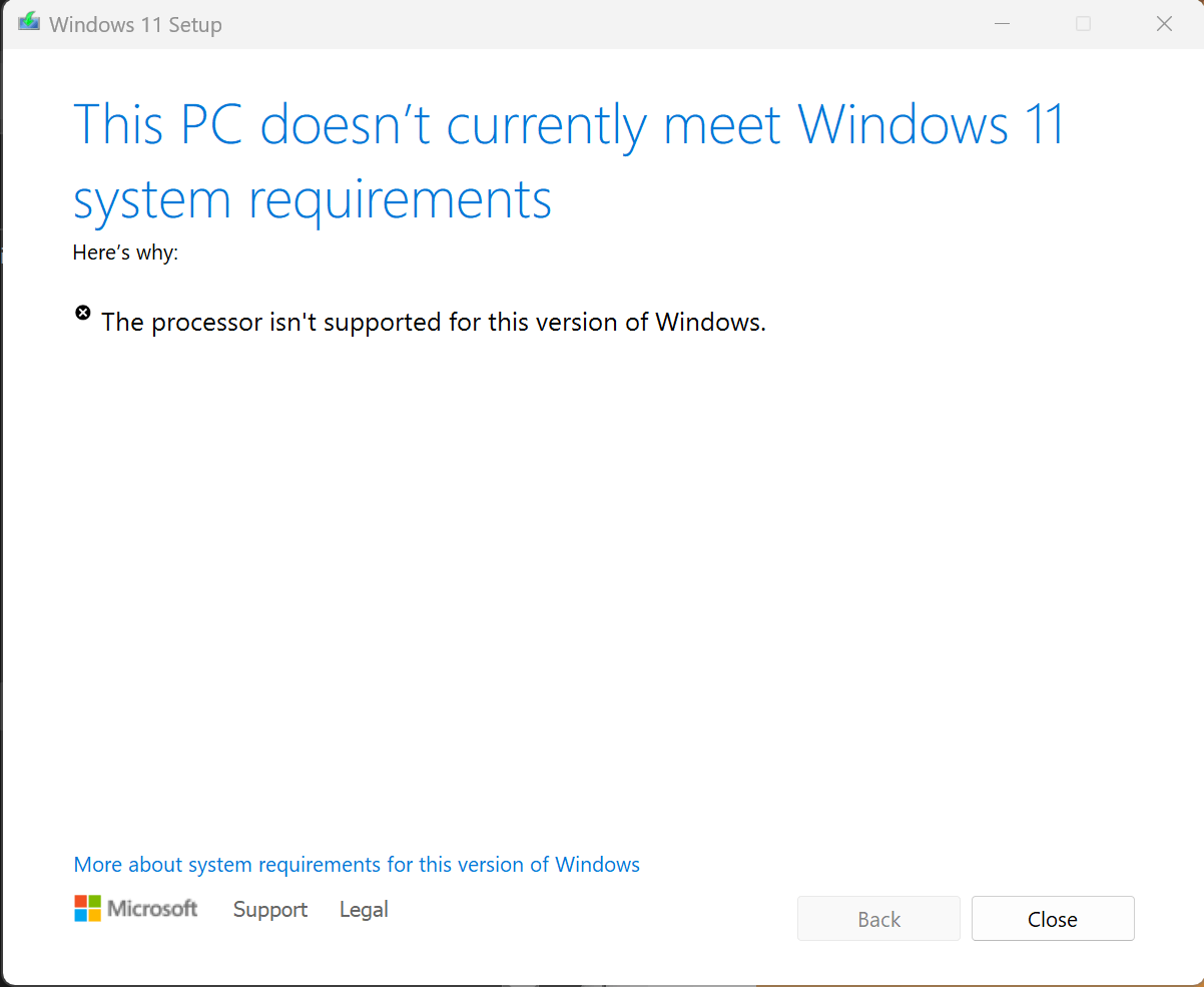 Installing Windows 11 23H2 clean install, says my CPU (Intel Core 